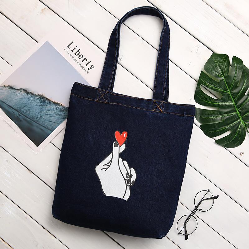 Fashion Cartoon Printed Denim Canvas Bag Women'S Shoulder Literary Women'S Canvas Handbag