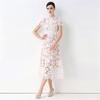 High Quaity Solid Lace Hollow Out Summer Dress for Women Elegant Stand Collar Short Sleeve Slim Midi Dresses
