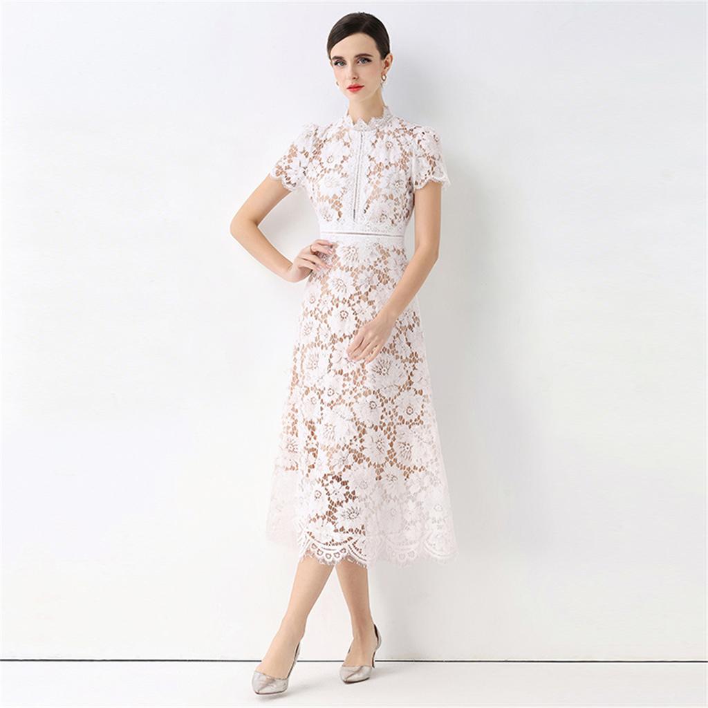High Quaity Solid Lace Hollow Out Summer Dress for Women Elegant Stand Collar Short Sleeve Slim Midi Dresses