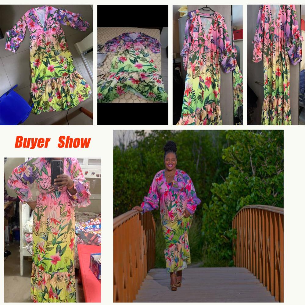 Sommer neue europäische und amerikanische Damenbekleidung Druck Farbverlauf Kleid Rüschen V-Ausschnitt sexy dünnes Kleid