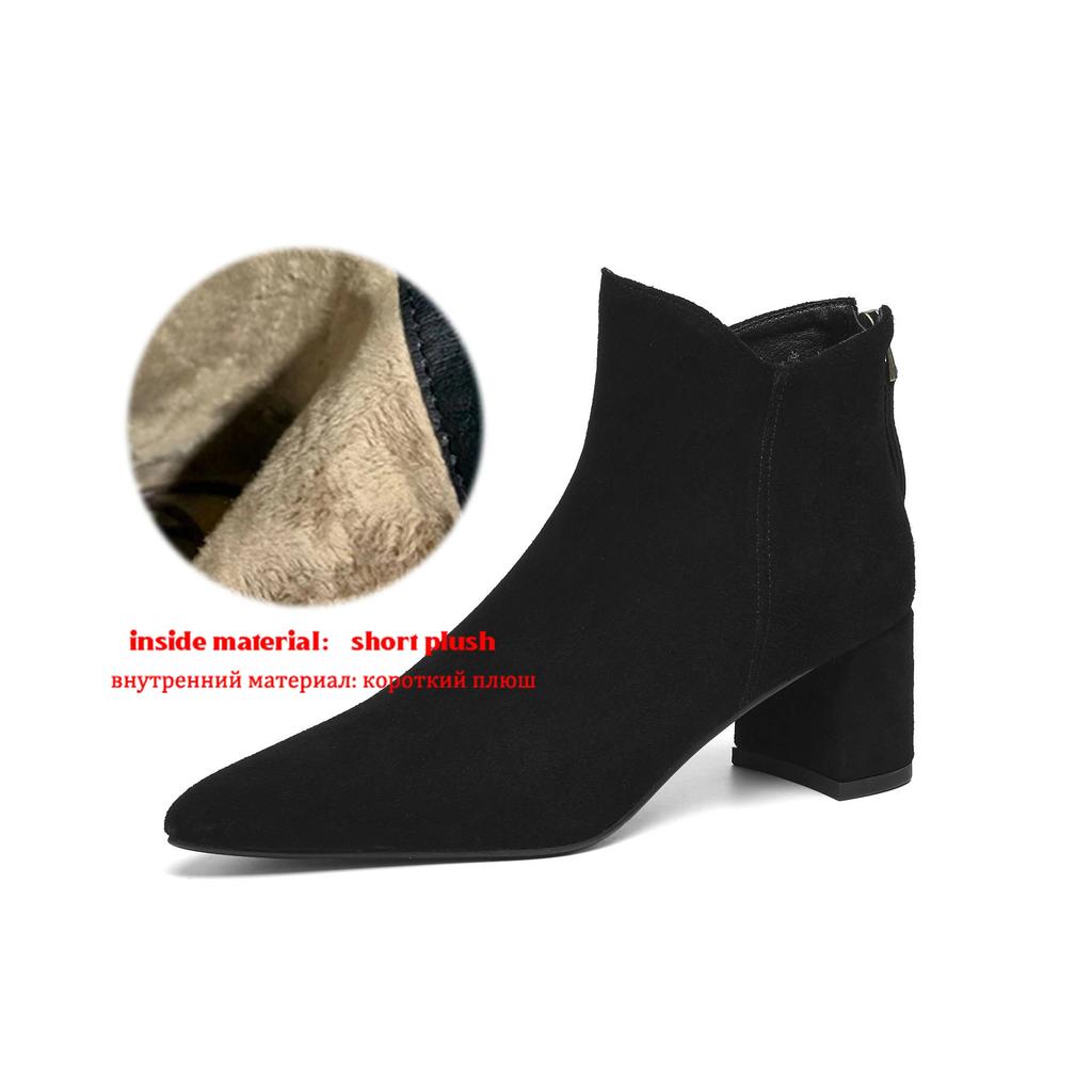Krazing Pot Cow Suede Nubuck Pointed Toe Thick Heels Chelsea Boots Size 43 Zip Basic Clothing Women Ankle Boots