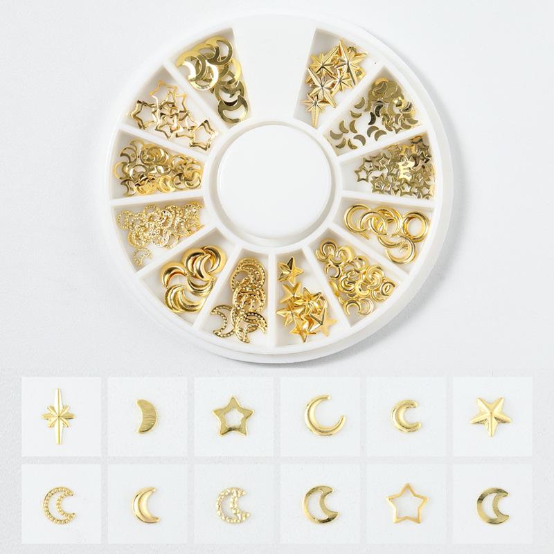 Goldener Schmuck Stern und Mond Nietendesign Wasseraufkleber Nagelsticker Nagelkunst Dekoration Hohle Legierung Nageldekoration