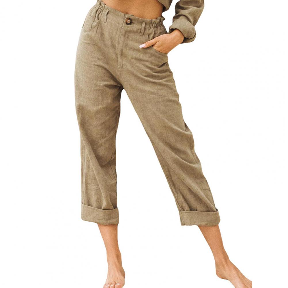 Women s Long Bottoms Elastic High-Waisted Button Zipper Fly Daily Use Trousers Uniform Color Straight Fit Relaxed Fit Bottoms with Pockets S хаки