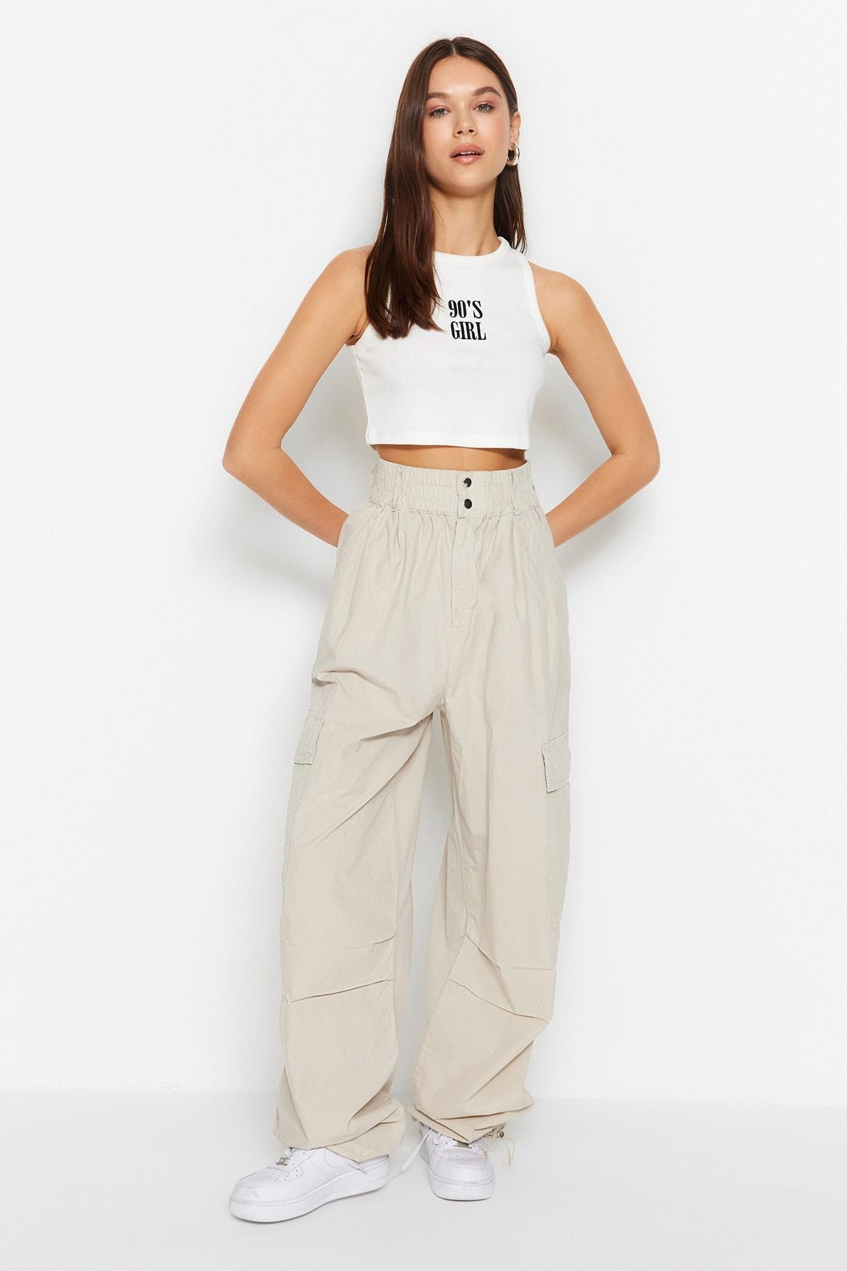 

Широкие джинсы Parachute с высокой талией и карманами цвета экрю TWOSS23JE00207