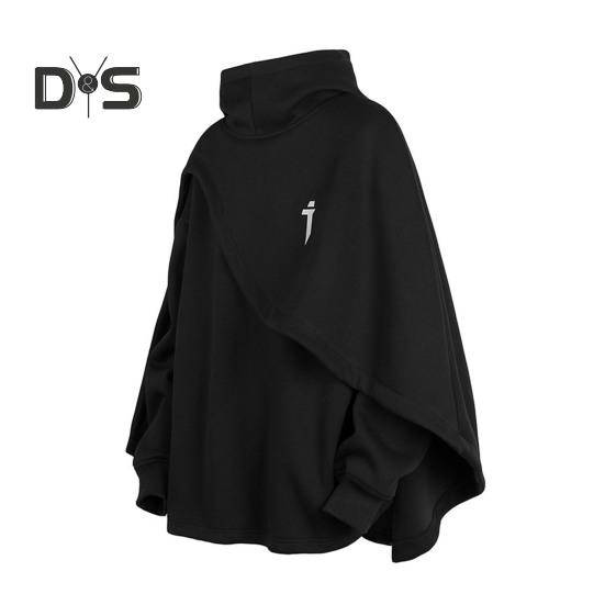 Унисекс толстовка с капюшоном имитация двухкомпонентного пончо многослойный нерегулярный дизайн толстый высокий воротник меховой стиль толстовка с длинными рукавами повседневная спортивная уличная одежда XL чёрный 1980₽