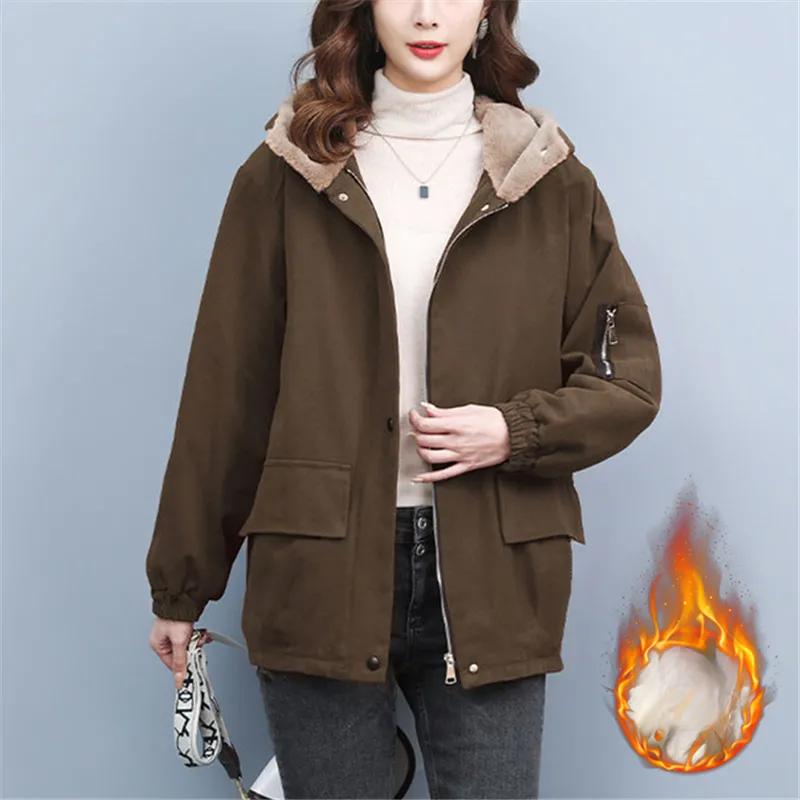 Winter Plus Velvet Warm Cotton Jackets Women Padded Jacket Hooded Parka Overcoat Casual Trench Coat
