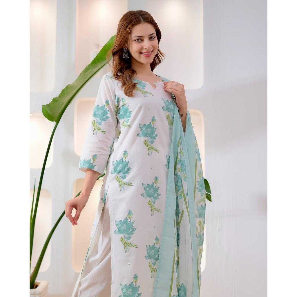 Beautiful Cotton Kurti Pant Dupatta Set Indian Bollywood Top Tunic Kurta Set
