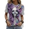 Halloween Women's Casual T-shirt Skeleton And Kitten Print Crew Neck Top Summer Short Sleeve Street Fashion Halloween T-shir