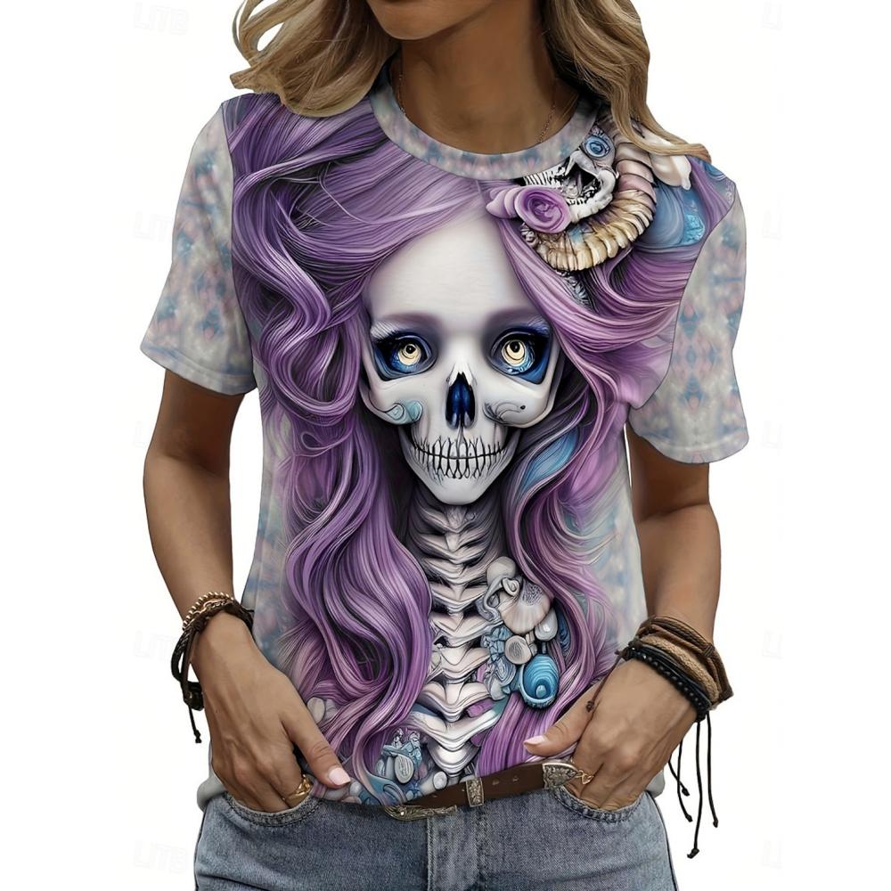 Halloween Women's Casual T-shirt Skeleton And Kitten Print Crew Neck Top Summer Short Sleeve Street Fashion Halloween T-shir