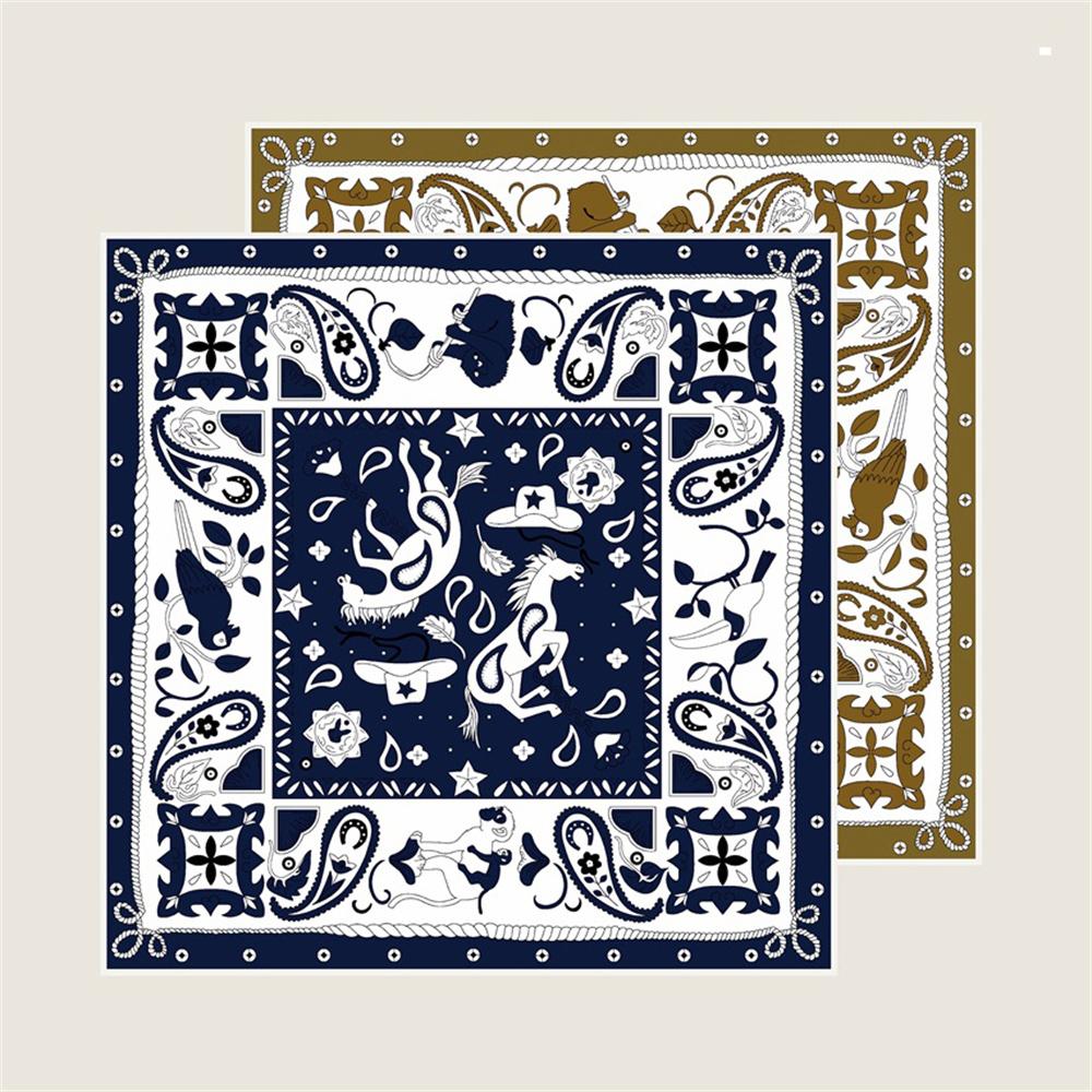 POBING Manual Hand Rolled Twill Silk Scarf Women Animals Double Print Square Scarves Wraps Echarpes Foulards Femme Hijab 90CM