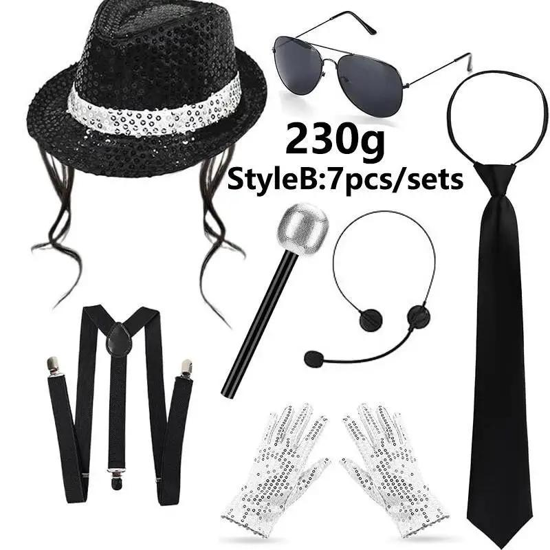 Michael Jackson Cosplay Requisite MJ Hut mit Perücke Handschuh Brillen Set Fans Performance Kostüm Geburtstag Tanz Geschenke Halloween Cosplay