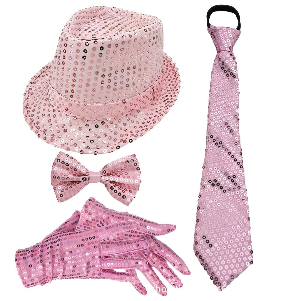 Prestandaprops: Paljettprydd hatt, slips, handskar, hängslen, herrkostym