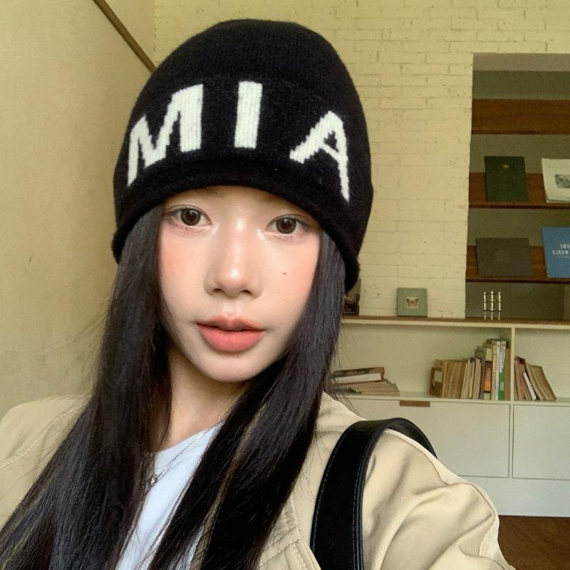 Wool letter bag head hat women's autumn and winter versatile big head circumference pullover cold hat knitted stacking hat