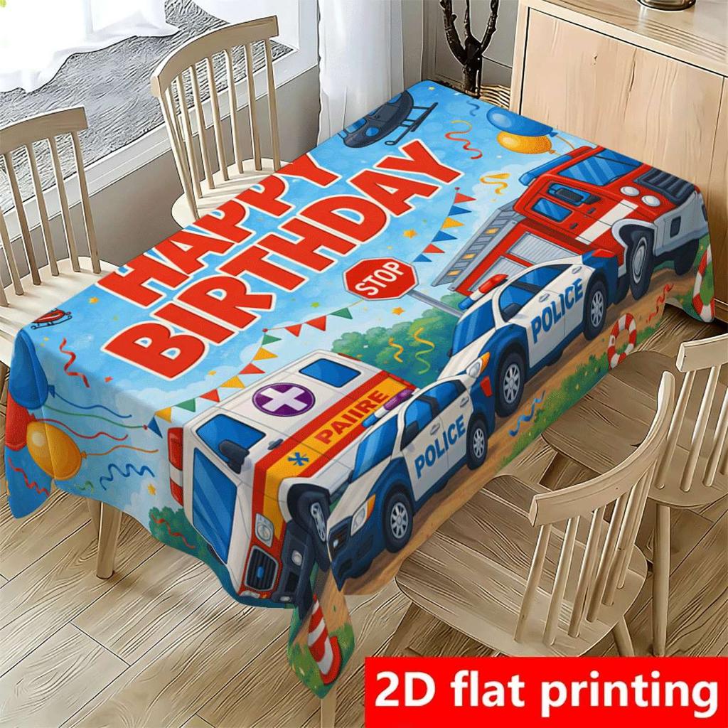 1pc Tablecovers Cartoon Rescue Vehicles And Birthday Celebration Printed Tablecloth, Featuring Police Car, Fire Truck, Ambulance, Helicopter, Stop Sig