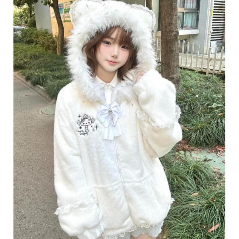 Japanische Süße Niedliche Mäntel Verdickt Mit Kapuze Pelzkragen Ohren Schleife Spitze Locker Jacken Y2k Ästhetik Oberteile Preppy Stil Damenbekleidung