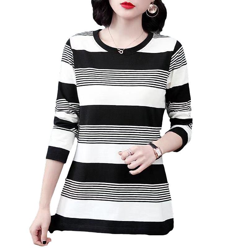 

Женская мода повседневная весна-осень полосатый принт длинный рукав О-образный вырез блузки и рубашки S белый