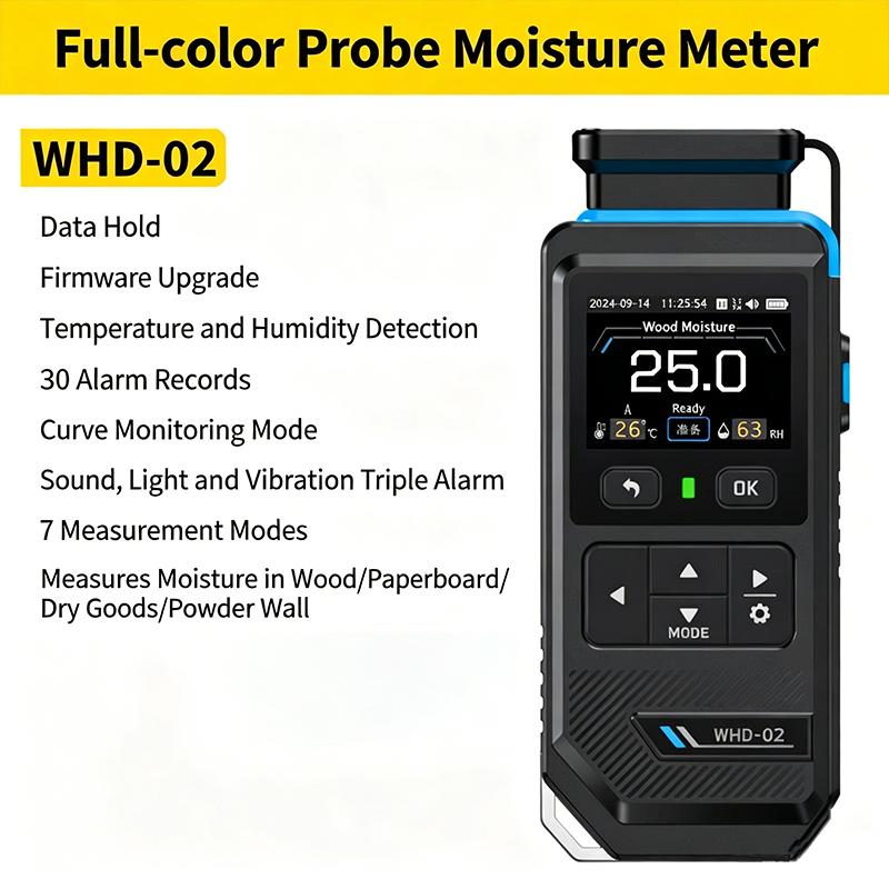 WMT-10 High Precision Moisture Meter, Non-Destructive Inductive 0-75% Range TFT Color Screen 17mm Depth Detection