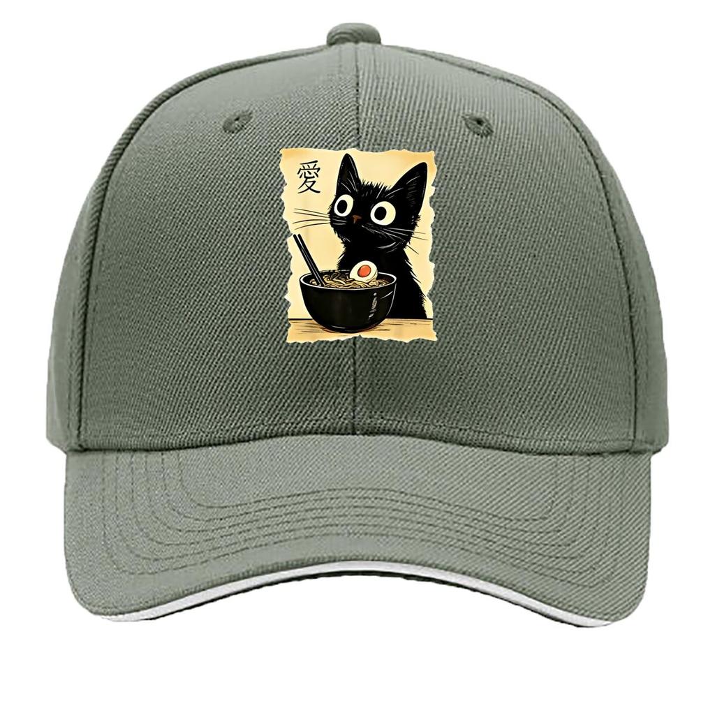 One Fashionable Printed Cartoon Cat Noodles Pattern Summer Curved Brim Cap Trendy Daily Wear Duckb Sandwich Baseball Cap