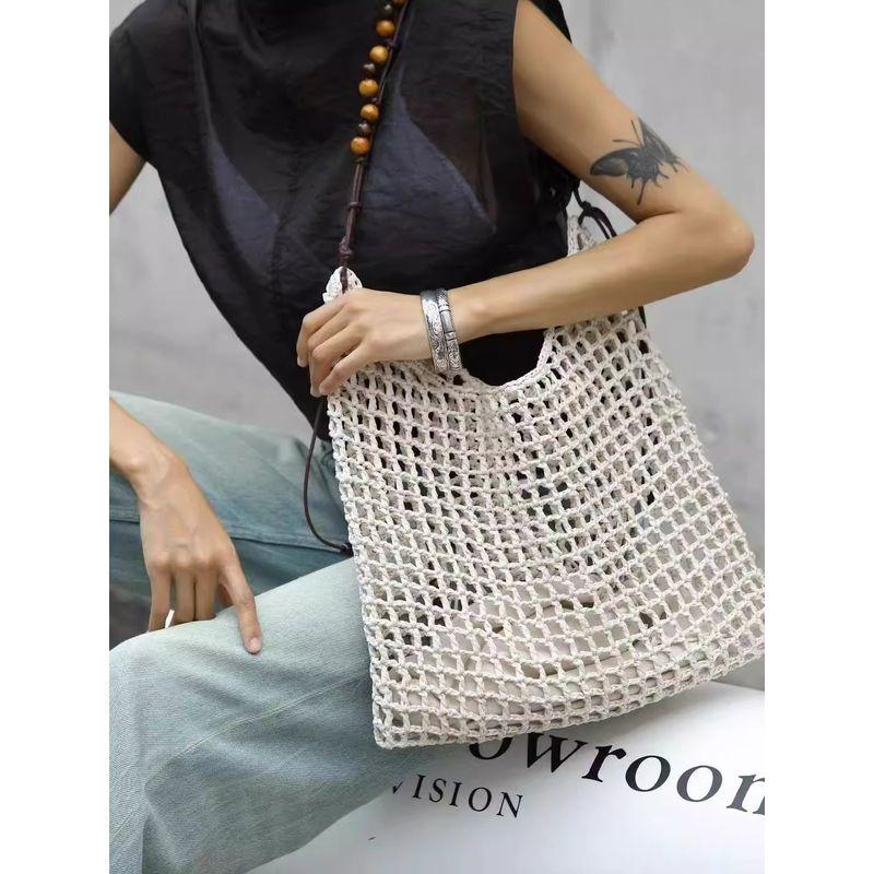 

Summer Beach Bag Raffia Woven Bag Beaded Retro Underarm Bag Large Capacity Shopping Bag Shoulder Tote Bag Women White
