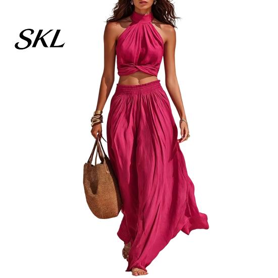 Sleeveless Crop Top Women Women's 2 Piece Outfits, High Neck Halter And Comfortable Summer Pants Wide Leg Matching Set, Beach Vacation Outfits