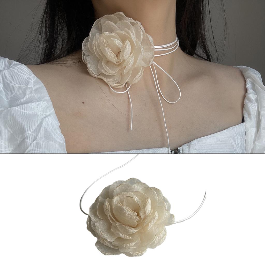 Fashion Trend Niche Mesh Flower Peony Collarbone Chain Temperament Simple Cold Wind Adjustable White Wax Rope Necklace