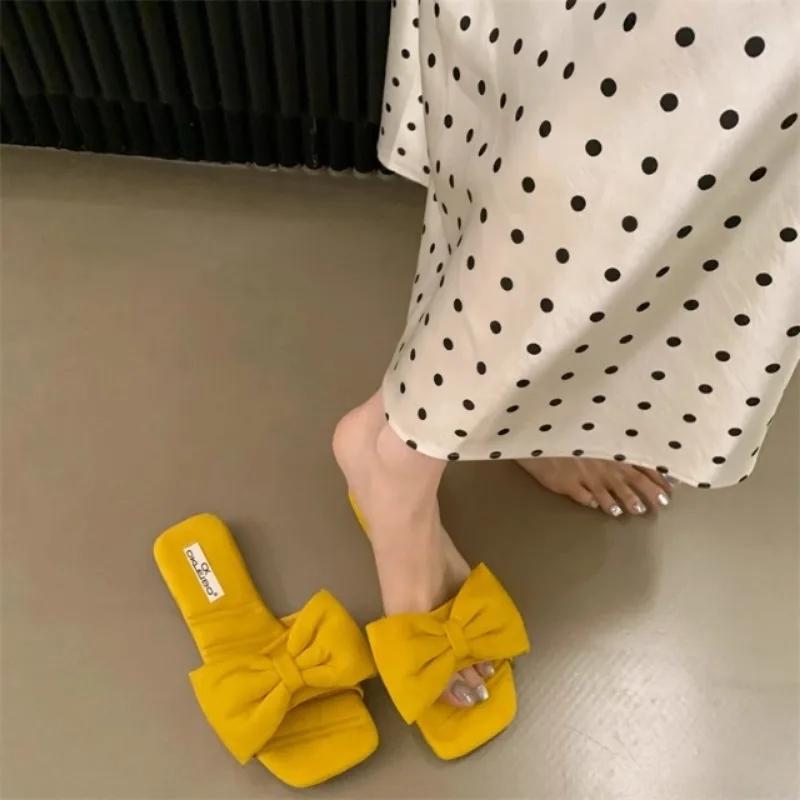 Fashion Women's Fashion Slippers Square Toe Butterfly-knot Flat Sole Women's Shoes Dress Outdoor Korean Style Summer Zapatillas De Mujer