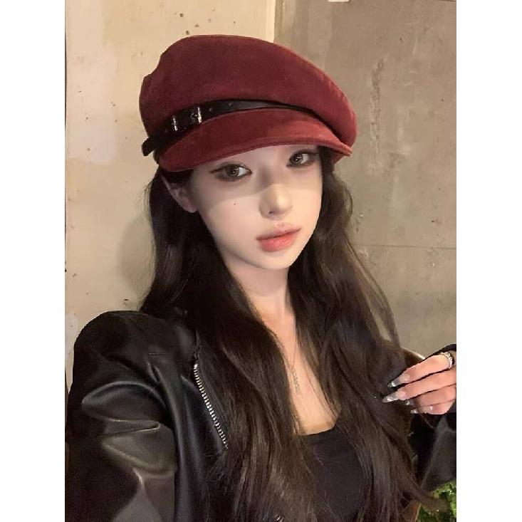 Women's flat-top hat with belt, British-style newsboy cap, duckbill cap, octagonal beret, trendy