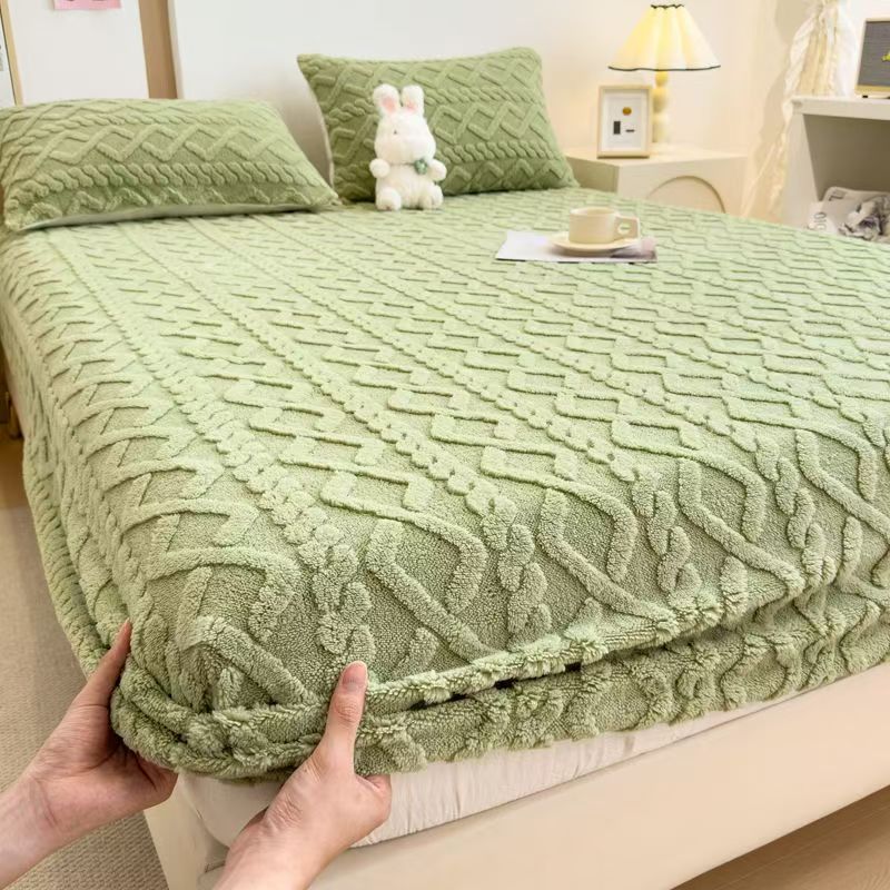 

Зимняя теплая простыня с резинкой Односпальная/Двуспальная/Королевская Наматрасник Толстый коралловый флис Пушистые простыни на резинке для кровати 2xPillowcase NOSHEET зелёный