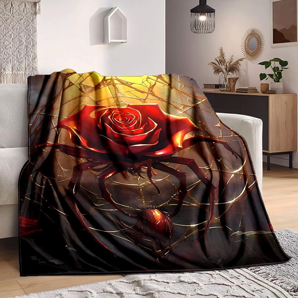 1pc Rose Spider Print Blanket - Lightweight Flannel Throw Blanket For Sofa, Bed, Living Room, Office, Outdoor Travel, Camping, Soft All-Season Throw