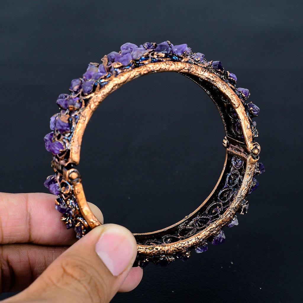 Amethyst Cuff Bracelet Real Gemstone Bangle, Copper Electroformed Bracelet Handmade Jewelry, Adjustable Bangle For Gift Women Jewelry