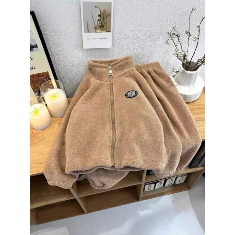 

Children s Autumn Winter Double Sided Plush Sets Kids Wool Velvet Sweater + Pants 2 piece set 80 хакі