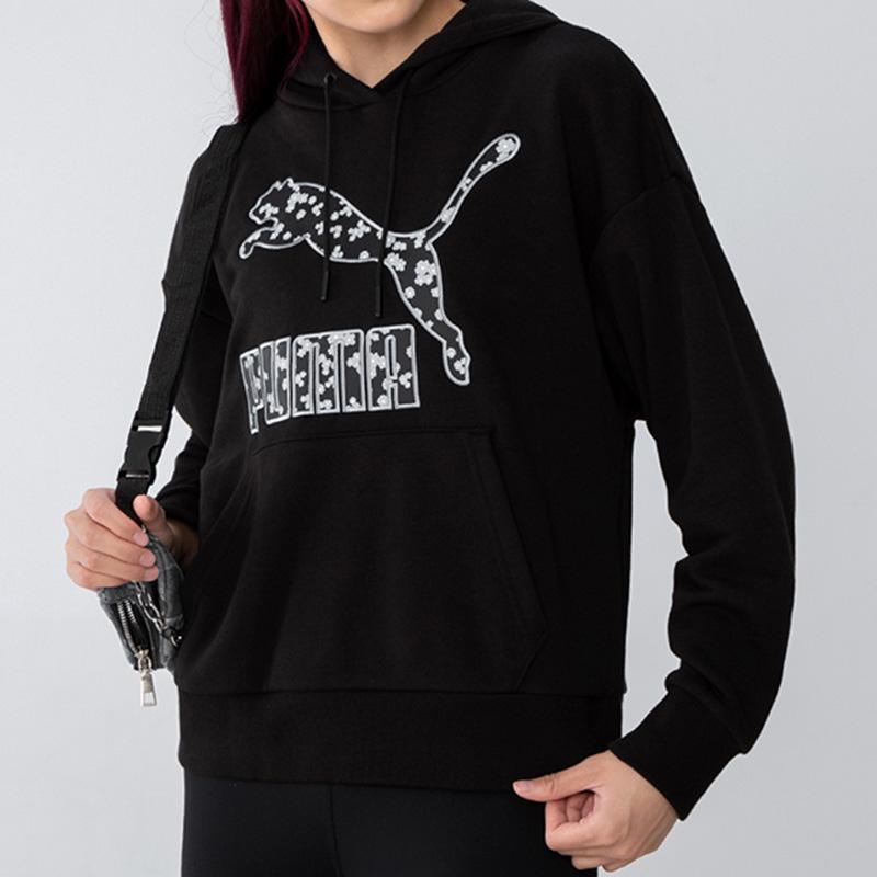 Puma Floral Graphic Hoodie With Logo Print Women Tops Black 533214-01