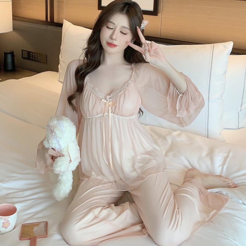 Moderm Silklike Pajama Set For Women With Vneck Long Sleeve Lounge Wear Lounge For Home Office