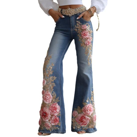Bell Bottom Jeans for Women 3D Digital Floral Print Stretch Flared Jeans Mid Rise Retro Denim Pants with Pockets