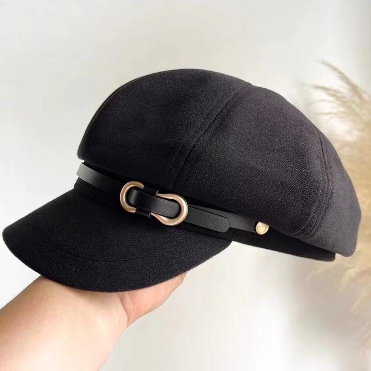2024 Autumn/Winter Women’s Retro Octagonal Newsboy Hat with Belt Buckle - Japanese Style Face-Framing Duckbill Cap.