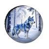 Stylish Tire Cover Featuring A Low Poly Blue Wolf Design Set In A Snowy Forest, Made From Polyester Fiber. It Offers UV Protecti