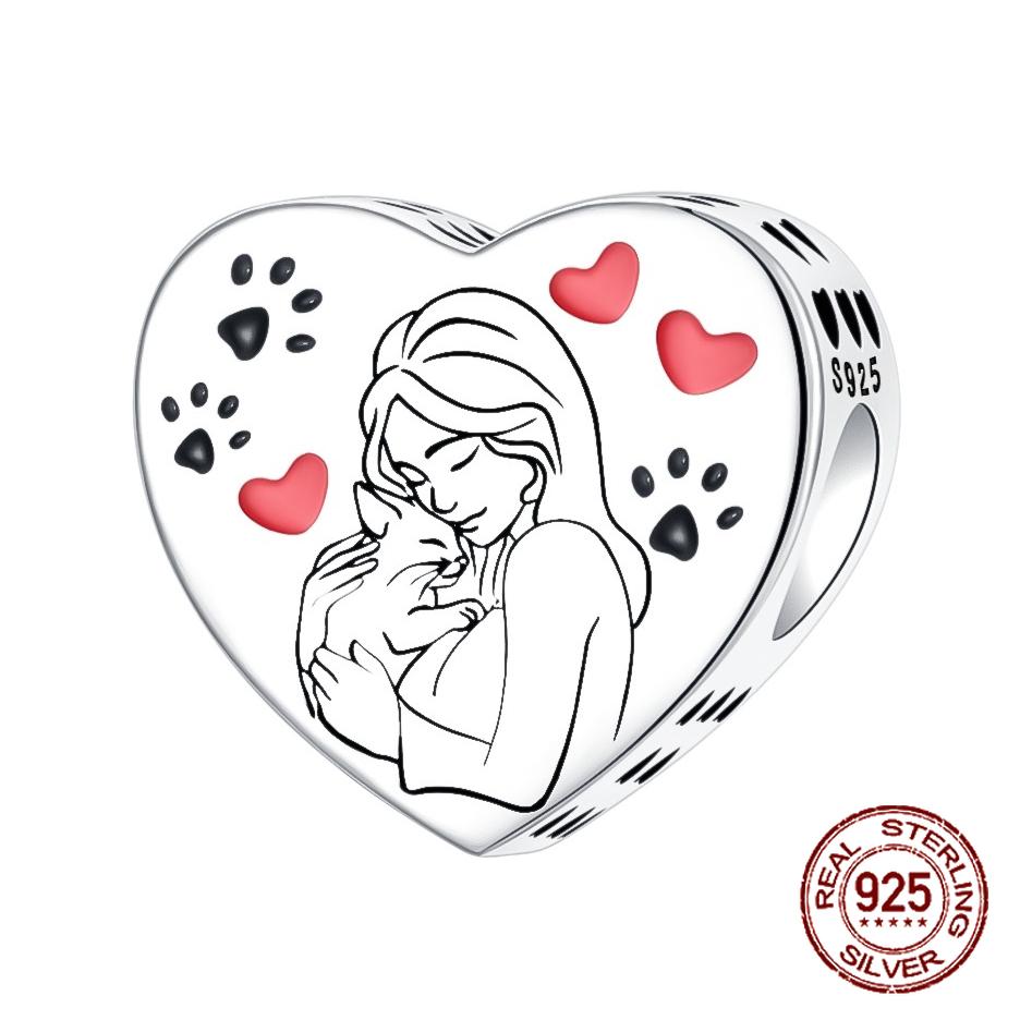 

copper Best Friend Girl and Dog Pet Heart Shaped Bead Charm Compatible With Authentic Charm Bead Charms Bracelets Women Do It Yourself Jewellery Gift
