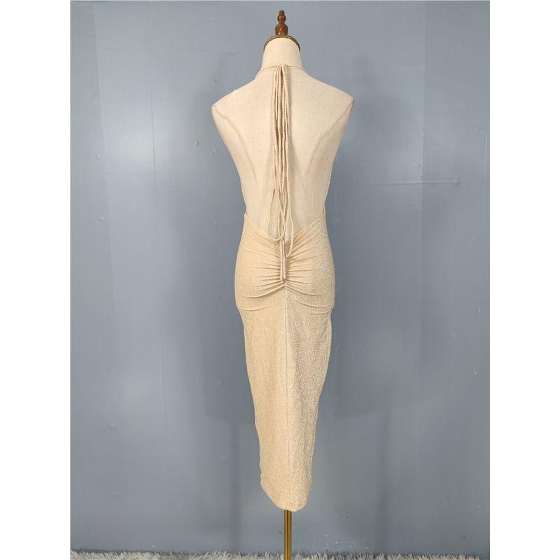 Foreign Trade Order Bright Silk Shiny Strap Large Backless Design Miumiu Bag Hip Pig Large Intestine Tight Dress Long dress