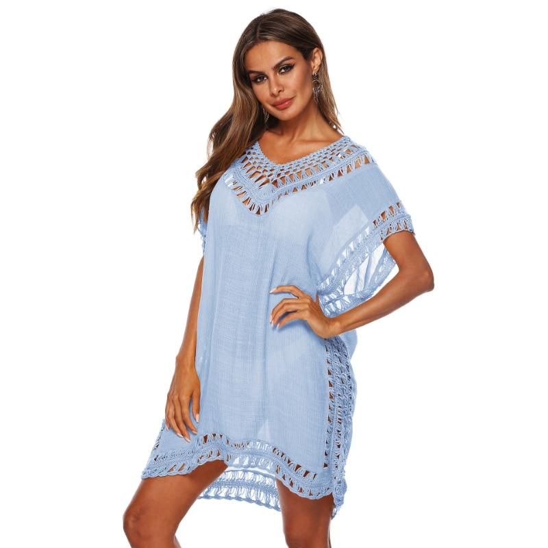 Casual sólido com decote em v vestido geral feminino verão oco solto praia sexy vestido de cobertura mulher vestidos de manga curta 27779