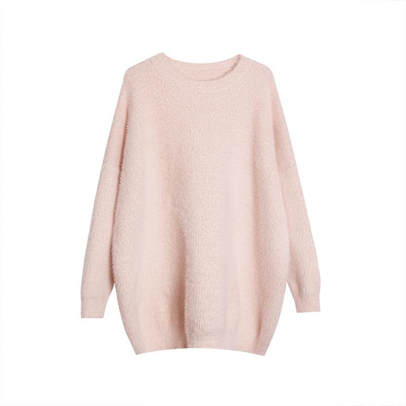 European and American popular imitation mink sweater women's autumn and winter soft waxy loose lazy wind long-sleeved top crew neck knitted sweater