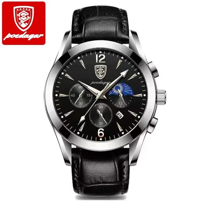 Poedagar 829 Luxury Men Watch Chronograph Quartz Movement Leather Band Waterproof Luminous Business Casual Wristwatch