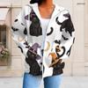 Women Plus Size White Zip Up Long Sleeve Hoodie Drawstring Hood Printed Puppy Pumpkin Fall Leaf Pattern With Pockets