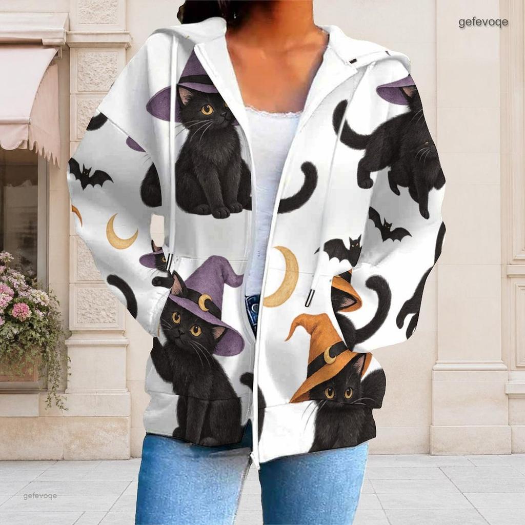 Women Plus Size White Zip Up Long Sleeve Hoodie Drawstring Hood Printed Puppy Pumpkin Fall Leaf Pattern With Pockets