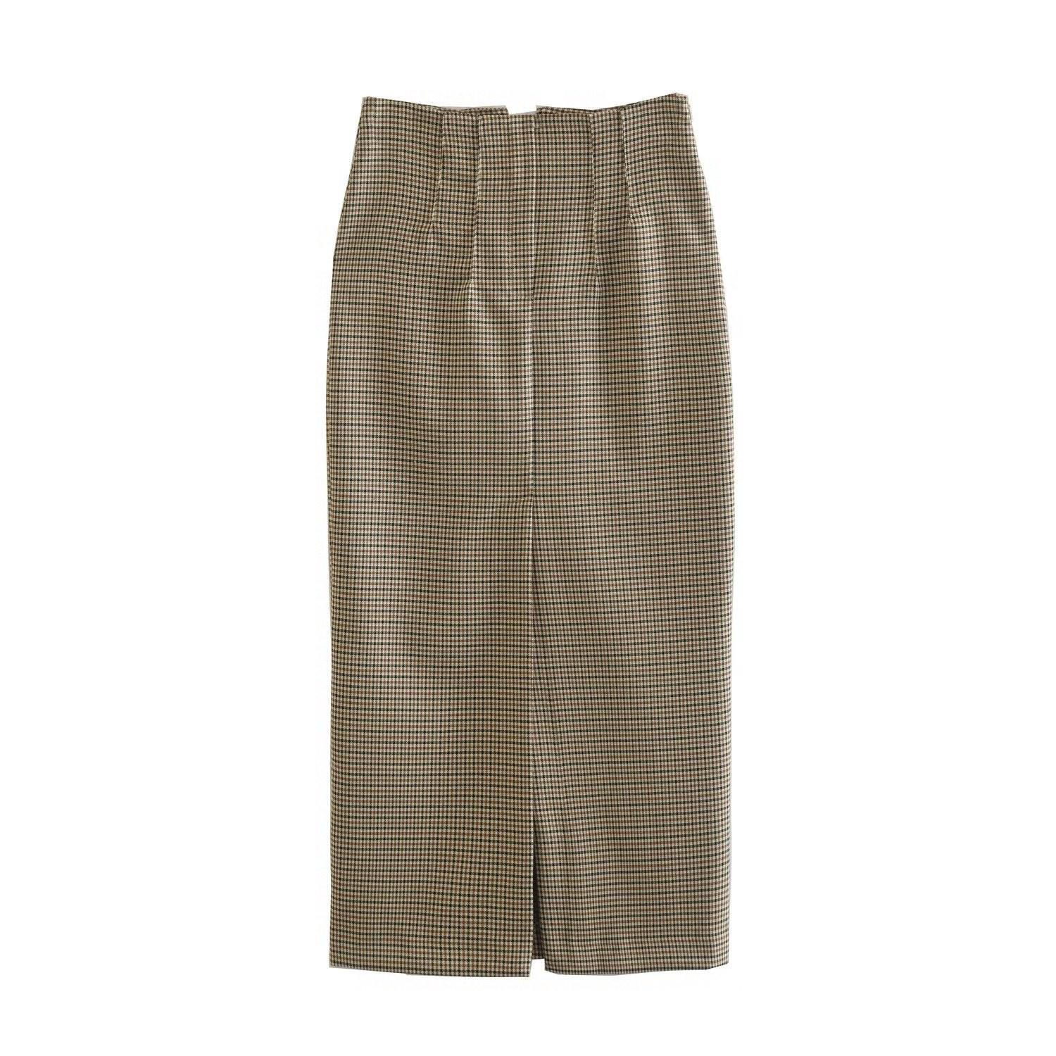 

Женский зимний клетчатый двубортный пиджак и прямая юбка - европейский и американский стиль Medium