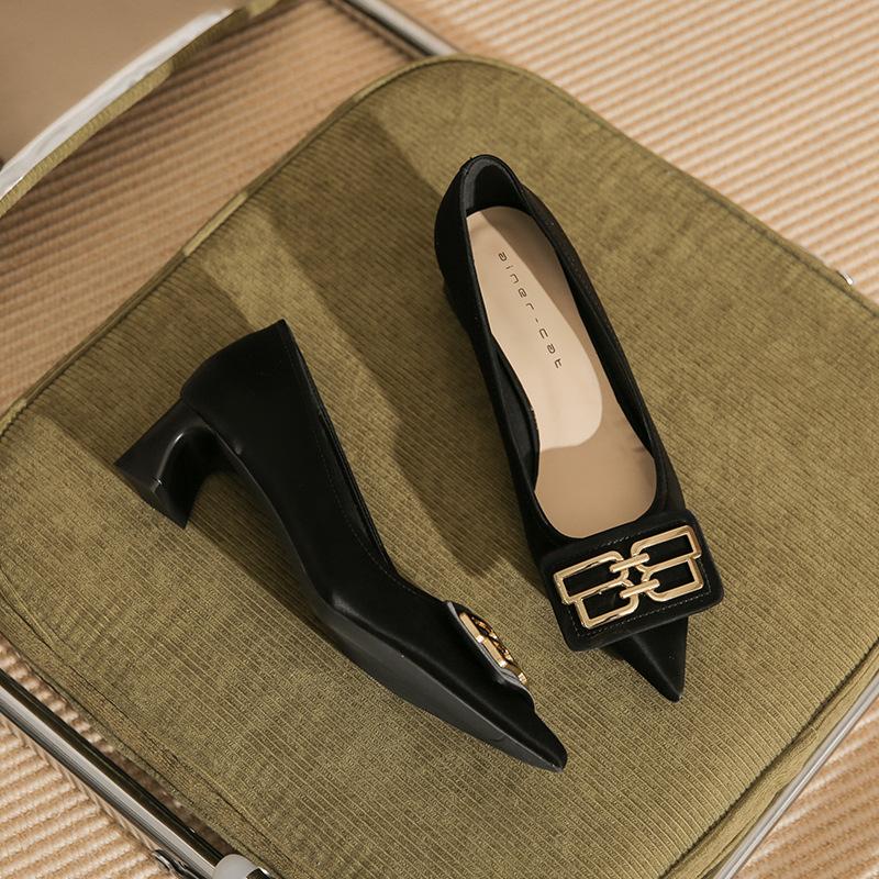 

571-2 [sheepskin] high heels women s thick heel autumn 2025 new versatile pointed commuter middle heel single shoes 34