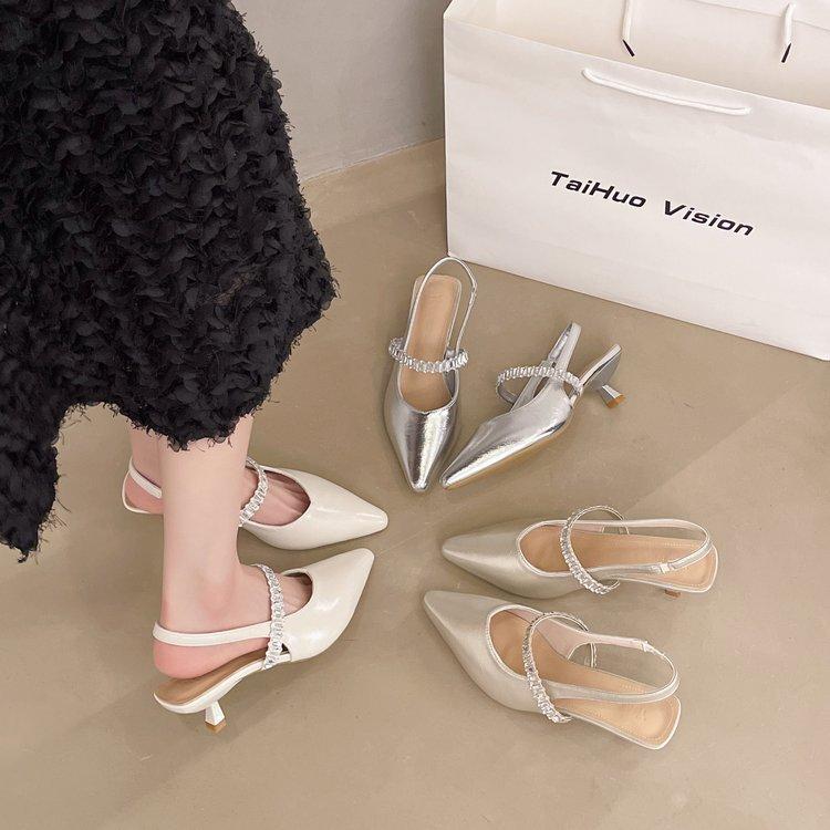 2025 summer new fairy wind word with rhinestone sandals women's bag head half drag thick heel shoes pointed single shoes women's outer wear