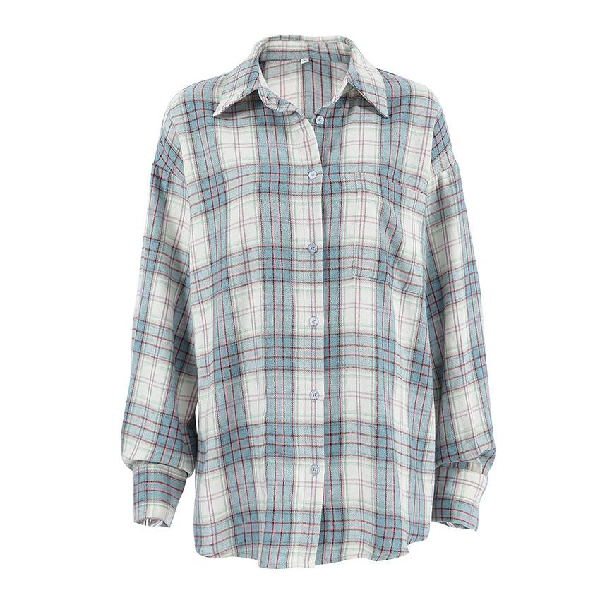 Classic lapel long-sleeved plaid women's casual loose shirt 1116 spring European and American fashion new women's top