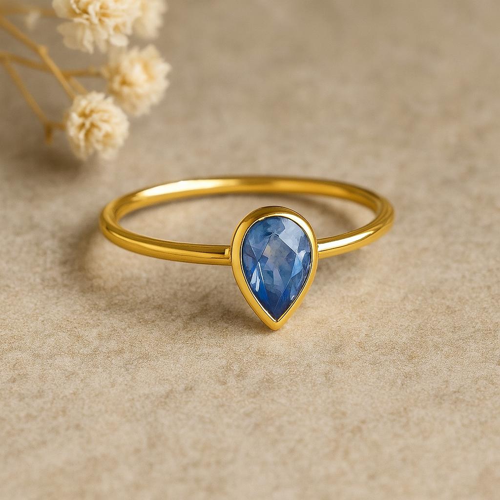 Blue Sapphire Teardrop Gold Plated Ring for Women – Elegant Gemstone Jewelry