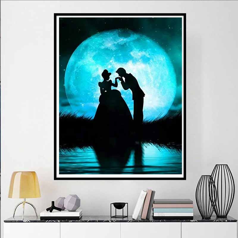 Disney Diamond Painting Cinderella and Prince Silhouette Style Art Illustration 5D Cross Stitch Hanging Print 5D Puzzle MosaicEmbroideryHomeDecoration
