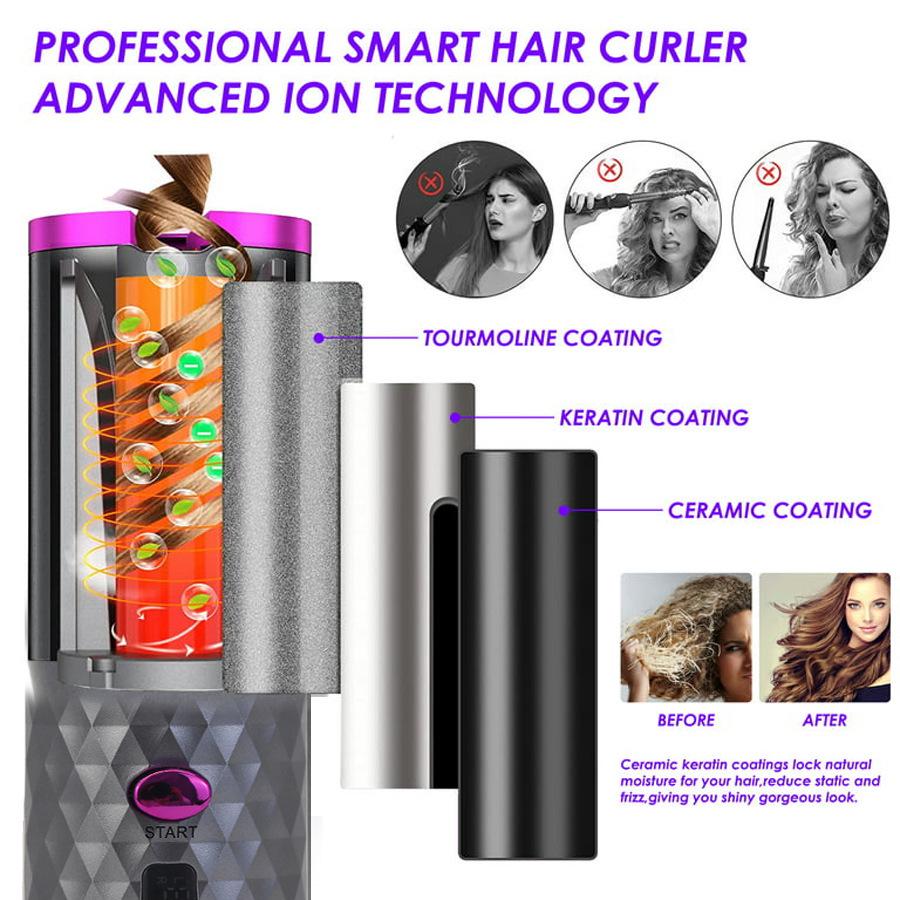 Wireless Rechargeable Automatic Hair Curler - Portable Electric Styling Wand